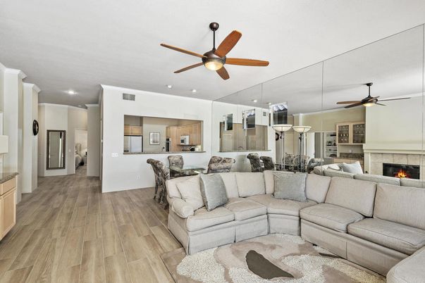 Dining room, Fireplace, Interior, Kitchen, Living room, Pendant Lights, Recessed Lighting, Wood Texture Flooring