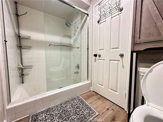 Bathroom, Glass Shower, Interior, Wood Texture Flooring