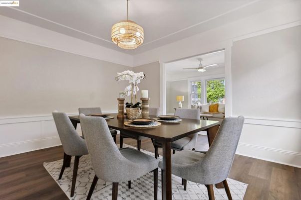 Chandelier, Dining room, Interior, Wood Texture Flooring