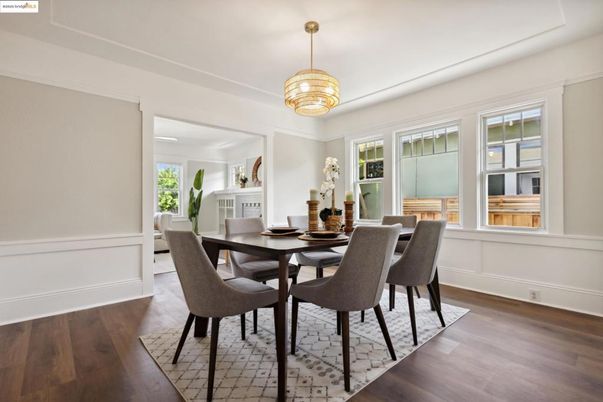 Dining room, Interior, Pendant Lights, Wood Texture Flooring