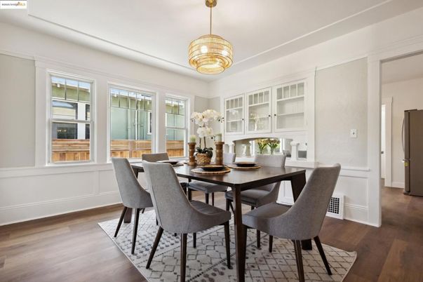 Dining room, Interior, Pendant Lights, Wood Texture Flooring