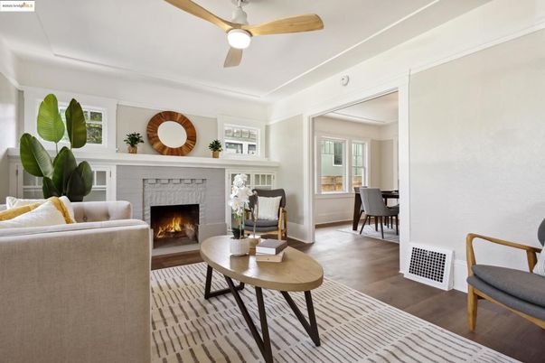 Dining room, Fireplace, Interior, Living room, Wood Texture Flooring
