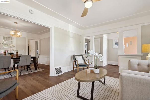 Dining room, Interior, Pendant Lights, Wood Texture Flooring