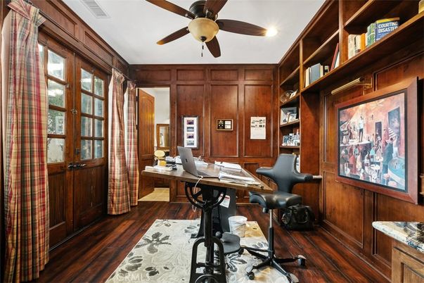 Home Office, Interior, Recessed Lighting, Wood Texture Flooring, Wooden Walls