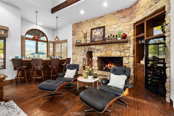 Fireplace, Interior, Pendant Lights, Recessed Lighting, Stone Walls, Wooden Beams, Wood Texture Flooring