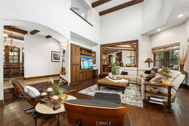 Chandelier, Dining room, Interior, Living room, Recessed Lighting, Wooden Beams, Wood Texture Flooring