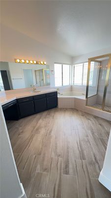 Bathroom, Dual Sink Vanities, Glass Shower, Interior, Wood Texture Flooring