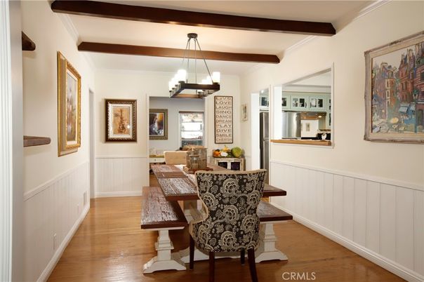 Chandelier, Dining room, Interior, Wooden Beams, Wood Texture Flooring