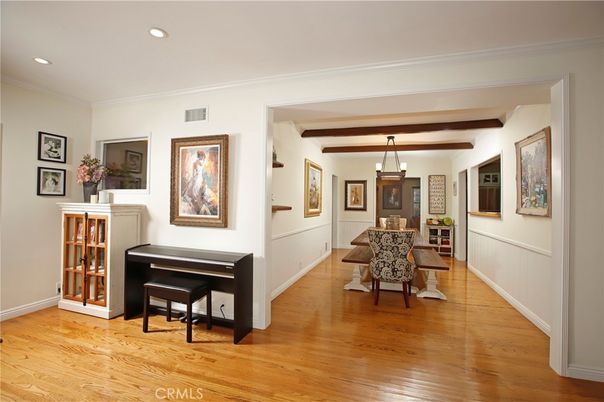 Dining room, Interior, Pendant Lights, Piano, Recessed Lighting, Wooden Beams, Wood Texture Flooring