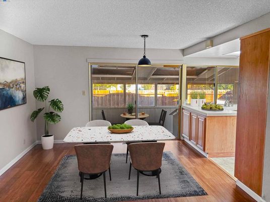 Dining room, Interior, Pendant Lights, Wood Texture Flooring