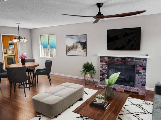Dining room, Fireplace, Interior, Living room, Pendant Lights, Wood Texture Flooring