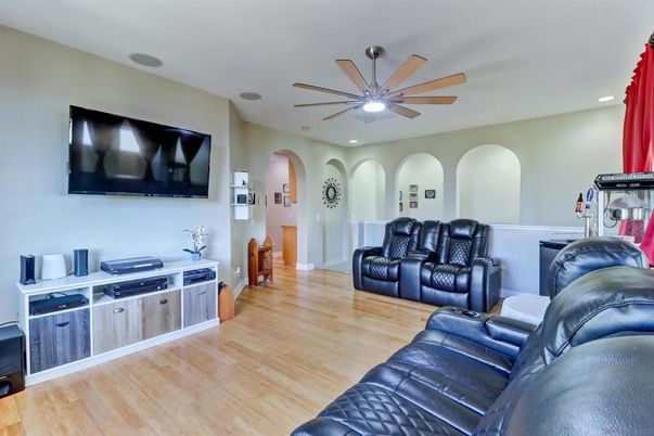 Home Theatre Room, Interior, Living room, Recessed Lighting, Wood Texture Flooring