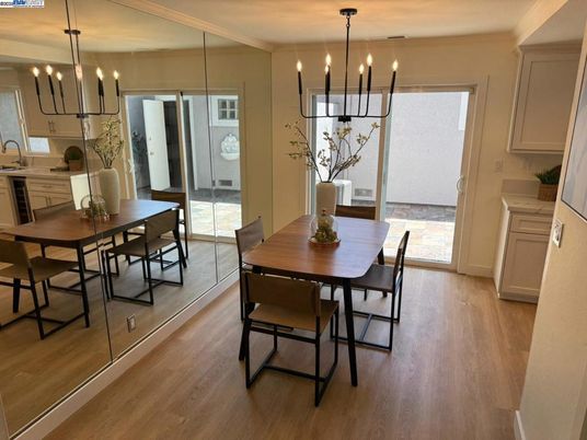 Dining room, Interior, Kitchen, Pendant Lights, Wood Texture Flooring