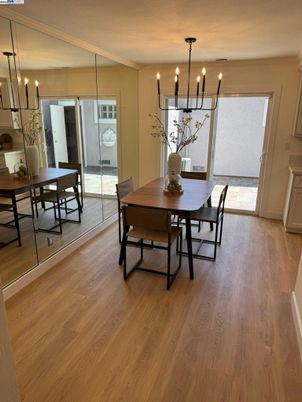 Chandelier, Dining room, Interior, Wood Texture Flooring