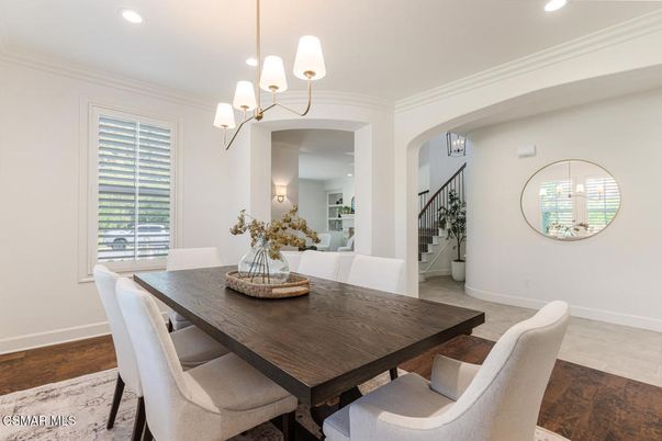 Dining room, Interior, Pendant Lights, Recessed Lighting, Wood Texture Flooring