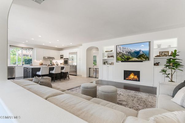 Fireplace, Interior, Kitchen, Living room, Recessed Lighting, Stainless Steel Appliances