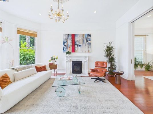 Chandelier, Fireplace, Interior, Living room, Recessed Lighting, Wood Texture Flooring