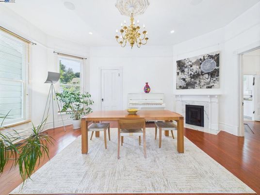 Chandelier, Fireplace, Home Office, Interior, Recessed Lighting, Wood Texture Flooring