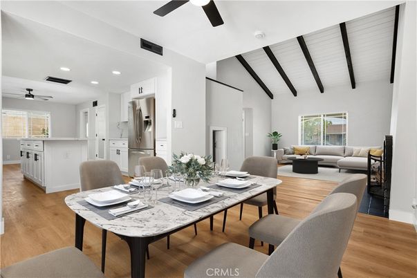 Dining room, Interior, Kitchen, Living room, Recessed Lighting, Wood Texture Flooring
