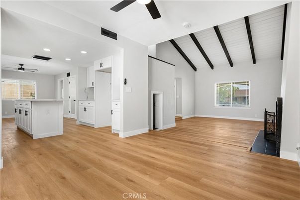 Empty room, Interior, Kitchen, Recessed Lighting, Wood Texture Flooring