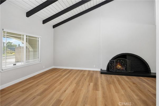 Empty room, Fireplace, Interior, Wooden Beams, Wood Texture Flooring