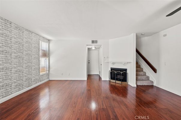 Empty room, Fireplace, Interior, Stone Walls, Wood Texture Flooring