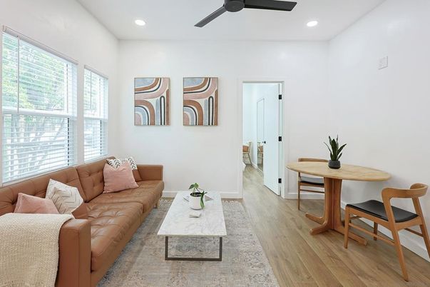 Dining room, Interior, Living room, Recessed Lighting, Wood Texture Flooring