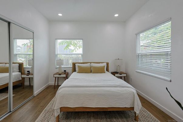 Bedroom, Interior, Recessed Lighting, Wood Texture Flooring