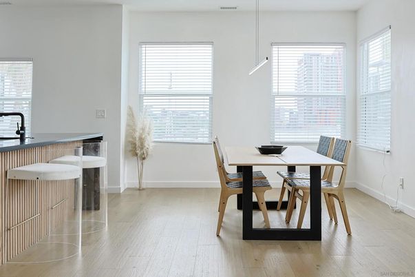 Dining room, Interior, Pendant Lights, Wood Texture Flooring