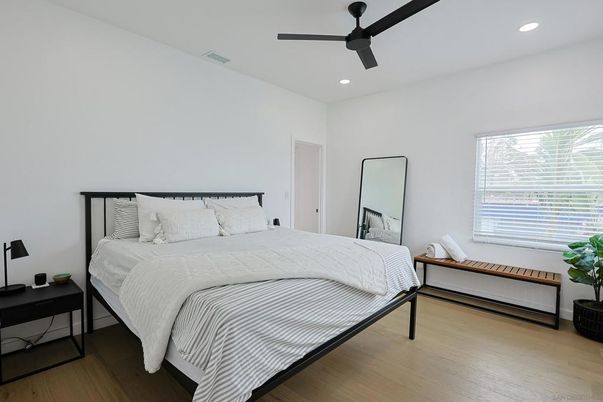 Bedroom, Interior, Recessed Lighting, Wood Texture Flooring