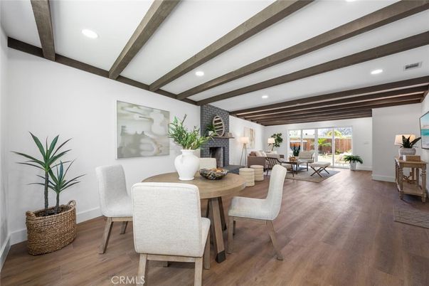 Dining room, Fireplace, Interior, Living room, Recessed Lighting, Wooden Beams, Wood Texture Flooring