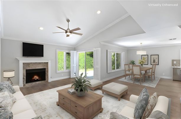 Dining room, Fireplace, Interior, Living room, Pendant Lights, Recessed Lighting, Wood Texture Flooring