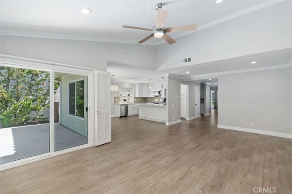 Empty room, Interior, Kitchen, Recessed Lighting, Wood Texture Flooring