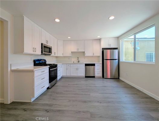 Interior, Kitchen, Recessed Lighting, Stainless Steel Appliances, Wood Texture Flooring