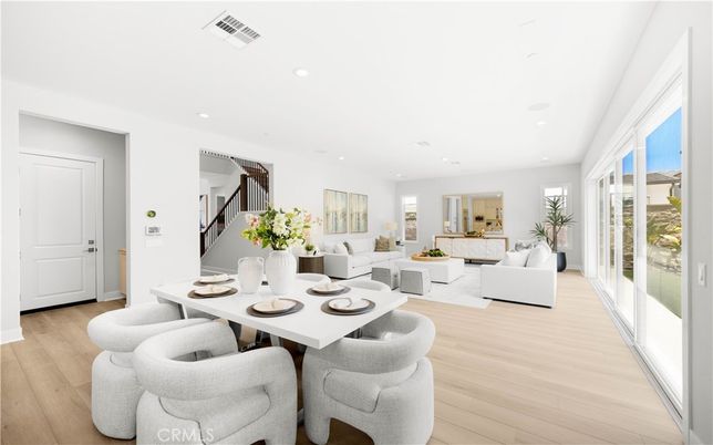 Dining room, Interior, Living room, Recessed Lighting, Wood Texture Flooring