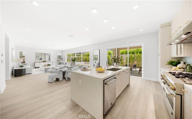 Dining room, Interior, Kitchen, Living room, Recessed Lighting, Stainless Steel Appliances, Wood Texture Flooring