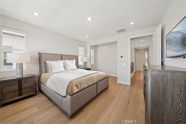 Bedroom, Interior, Recessed Lighting, Wood Texture Flooring