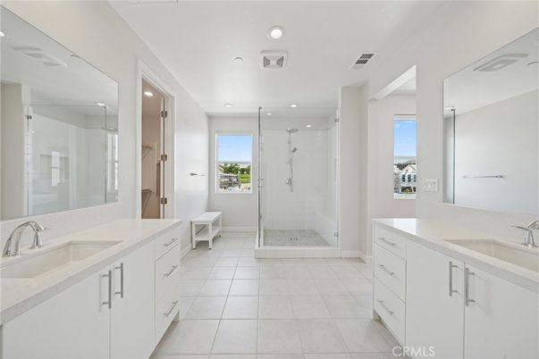Bathroom, Dual Sink Vanities, Glass Shower, Interior, Recessed Lighting