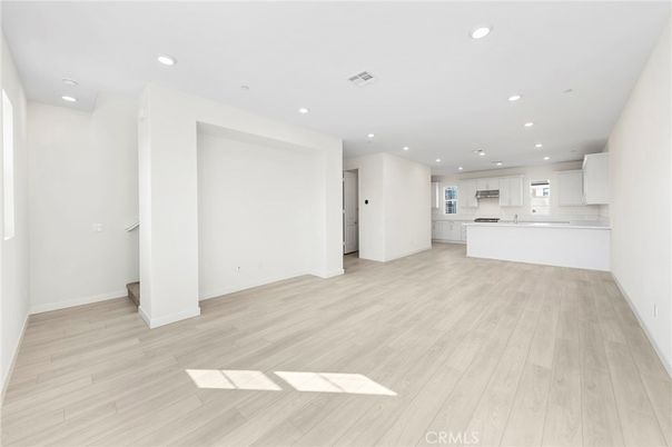 Empty room, Interior, Kitchen, Recessed Lighting, Wood Texture Flooring