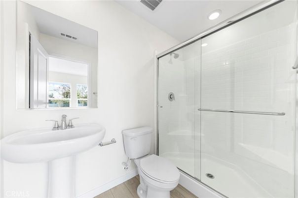 Bathroom, Glass Shower, Interior, Recessed Lighting, Wood Texture Flooring