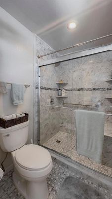 Bathroom, Glass Shower, Interior, Marble Walls, Recessed Lighting