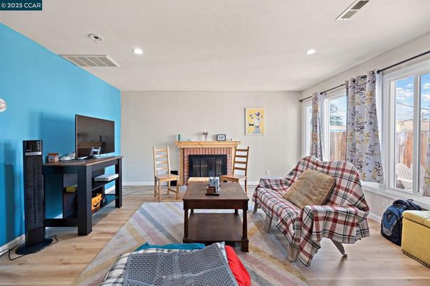Fireplace, Interior, Living room, Recessed Lighting, Wood Texture Flooring