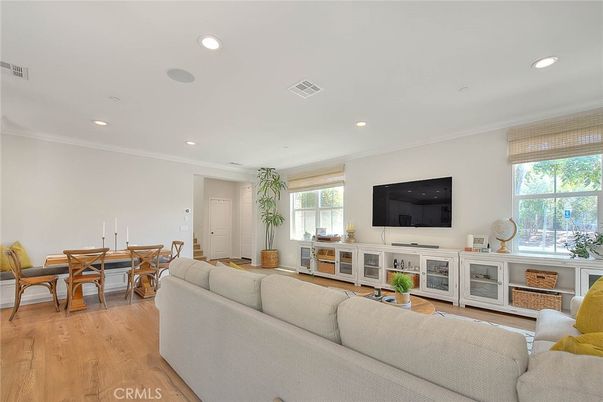 Dining room, Interior, Living room, Recessed Lighting, Wood Texture Flooring