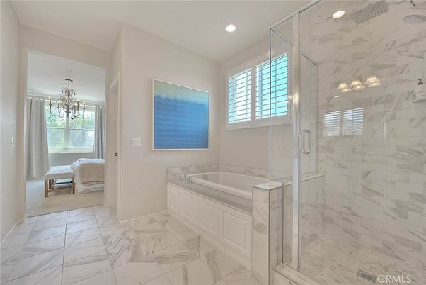 Bathroom, Chandelier, Glass Shower, Interior, Marble, Marble Walls, Recessed Lighting