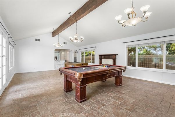 Billiard Table, Chandelier, Game Room, Interior, Wooden Beams