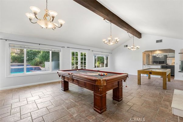 Billiard Table, Chandelier, Game Room, Interior, Wooden Beams