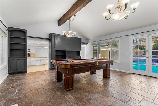 Billiard Table, Chandelier, Fireplace, Game Room, Interior, Recessed Lighting, Wooden Beams