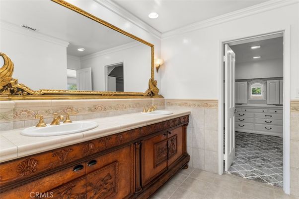 Bathroom, Dual Sink Vanities, Interior, Recessed Lighting, Tile Countertops