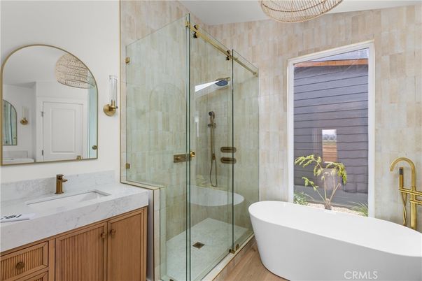 Bathroom, Free Standing Baths, Glass Shower, Interior, Wood Texture Flooring