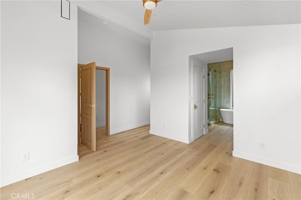Bathroom, Empty room, Glass Shower, Interior, Wood Texture Flooring